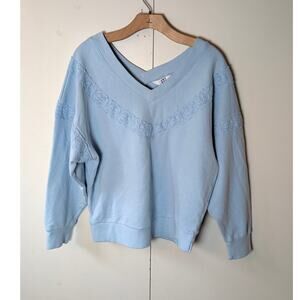 JoyLab Crochet Lace Trim V-Neck Blue Sweatshirt XXS